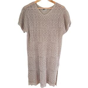 Open Knit Crochet Style Tunic Coverup Dress | Neutral Taupe Beige Beach Boho
